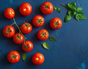 Red tomatoes and basil leaves on a dark blue surface