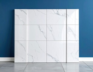 Marble-patterned tile wall against a blue background
