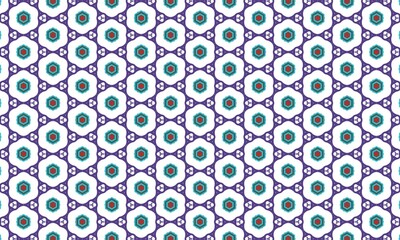 Vibrant geometric pattern with white, red, and teal shapes on purple background