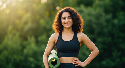 Happy young woman ready for outdoor yoga practice.
