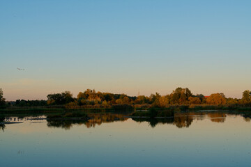 Sonnenuntergang im Vogelschutzgebiet NSG Garstadt bei Heidenfeld im Landkreis Schweinfurt, Unterfranken, Bayern, Deutschland