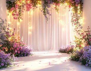 Floral, lit stage. White drapes, dreamy, pinks, purples