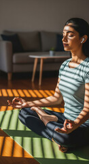 Peaceful Woman Meditating Indoors, Sunlit Home Yoga Practice