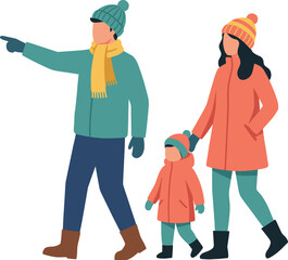 Winter family walking together illustration parents and child wearing warm clothes outdoor flat vector style seasonal lifestyle scene cozy wintertime