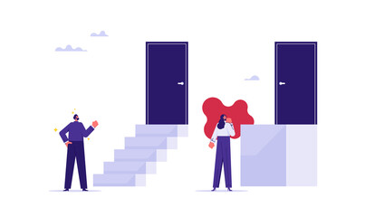 Gender discrimination or workplace sexism and unfair competition, businessman and businesswoman standing in front of different size staircases to door