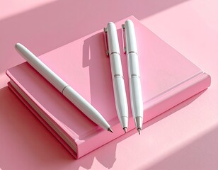 Pink notebook with three white pens, sunny and minimalist