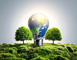Earth globe in lightbulb on mossy hill, trees