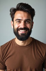 Fototapeta premium Smiling man with dark hair and beard. Mid adult male with brown t-shirt. Studio portrait with gray background. Confident person, looking at camera, headshot.
