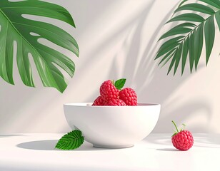 Raspberries in white bowl with tropical plant shadows