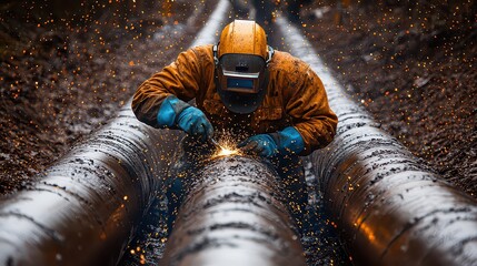 A skilled metal worker, clad in protective gear, meticulously welded a pipeline, his movements precise and focused, against the backdrop of a bustling industrial setting, where sparks danced 