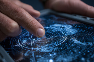 Close-up of hand touching futuristic digital world map on touchscreen device. Concept of global data analysis, cybersecurity monitoring and advanced technology