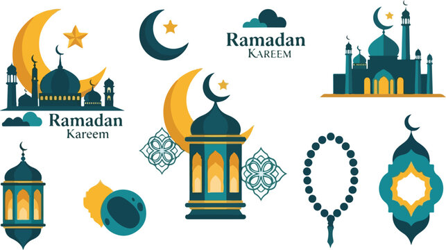 Collection of Ramadan Kareem icons and symbols including lanterns, mosque, rosary, and crescent moon on a white background with dark teal and gold colors.