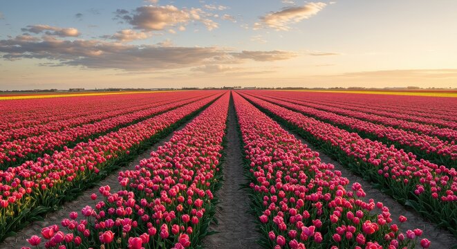 Vast Field of Pink Tulips Under Cloudy Sky, Dutch Landscape, Sunset Light.
