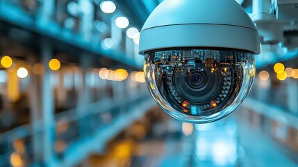 A sleek, black surveillance camera, a sentinel guarding the industrial heartland, its lens fixed on the vast expanse of the factory floor, a testament to the modern age's ever-watchful gaze 