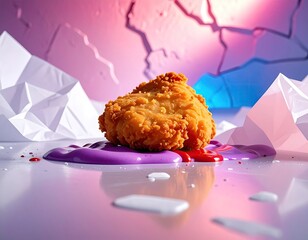 Crispy fried food sits on pools of colorful sauce