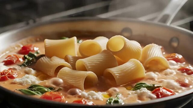 Paccheri Pasta Pouring into Creamy Tomato and Basil Sauce in Frying Pan