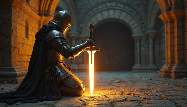 Armored knight kneels holding glowing sword. Knight swears oath of loyalty to ruler in ancient stone castle hall. Warrior serves king, showing respect, honor, and bravery in medieval times.