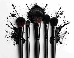 Makeup brushes against ink splash background
