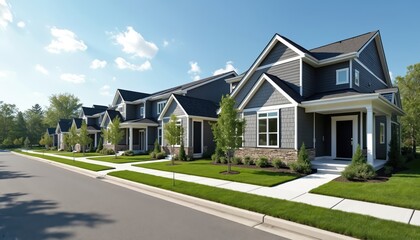Modern dark grey townhouses with stone accents line a suburban street. These stylish homes feature clean lines and manicured green lawns perfect for families.