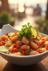 Fresh colorful Peruvian ceviche bowl for summer Christmas