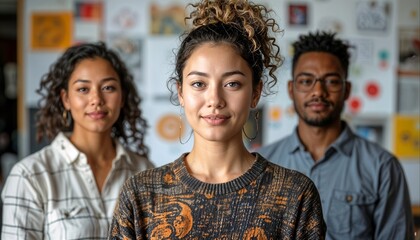 Three colleagues standing together in a creative studio with various projects on the wall behind them
