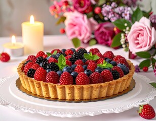 Berry tart, candles, and pink roses create a warm scene