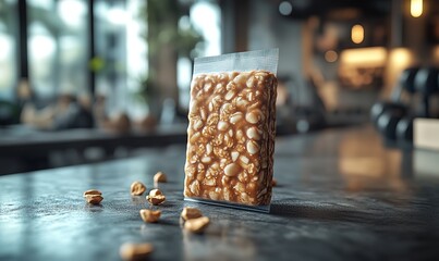 Peanut brittle energy bar in clear plastic wrap on a gym floor