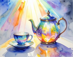 Watercolor tea set bathed in radiant light