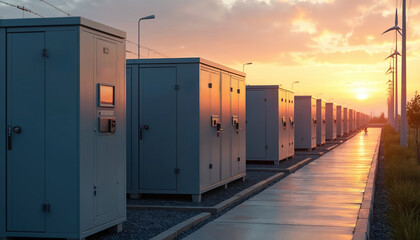 Industrial battery units line up in energy park at sunset. Clean power storage system with wind turbines in background. Renewable energy infrastructure for future.