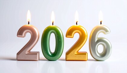 Golden number candles &ldquo;2026&rdquo; lit and aligned on reflective surface with light gray background.