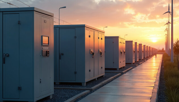 Industrial battery units line up in energy park at sunset. Clean power storage system with wind turbines in background. Renewable energy infrastructure for future.
