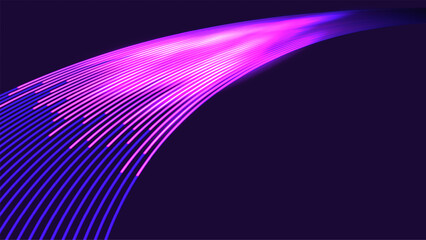 Glowing purple and pink light trails, dynamic digital background. Futuristic abstract illustration represents data transfer, high speed internet, and fiber optic technology.