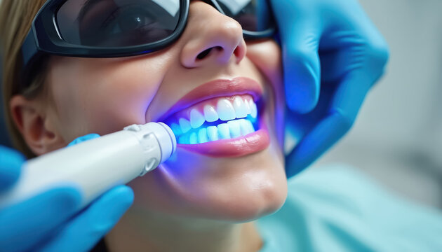 Close up of woman getting teeth whitening with blue light lamp in dental clinic. Dentist uses modern equipment for bright smile treatment, oral hygiene. Patient receives pro dental care for white - Powered by Adobe