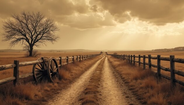 Sepia toned country lane with wooden fence and bare tree. Wagon wheel rests beside path leading across vast dry grass field under cloudy sky. Rural landscape evokes past journeys and farming.