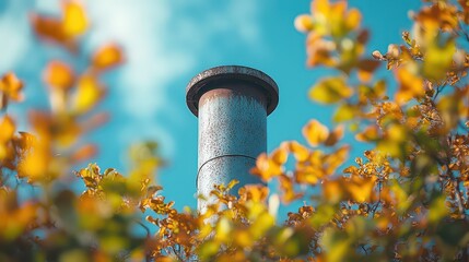 A sleek, minimalist chimney, crafted from sustainable materials, stands proudly, its base adorned with vibrant green plants, a symbol of the harmony between industry and nature 