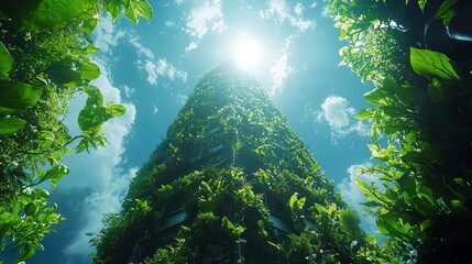 A sleek, minimalist chimney, crafted from sustainable materials, stands proudly, its base adorned with vibrant green plants, a symbol of the harmony between industry and nature 