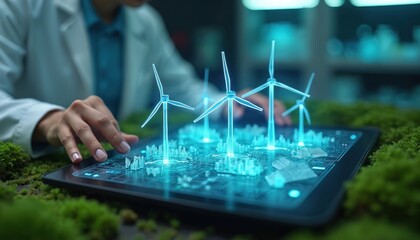 Scientist plans wind farm development on tablet screen showing digital turbines and city buildings. Green tech innovation research for clean energy future.