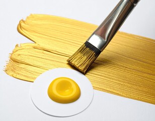 Golden paint stroke with brush, a drop on white