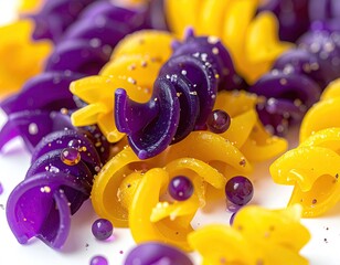 Purple and yellow rotini with shimmering beads on white