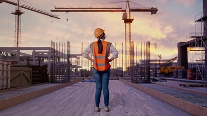 Full Body Back View Of A Female Engineer Wearing Safety Helmet Looking Around While Standing With Arms Akimbo at Construction Site with Tower Cranes and Building Foundations