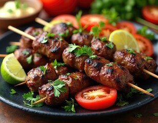 Grilled meat skewers with tomato and lime on black plate. Juicy beef kebabs garnished with parsley, served with fresh sliced tomatoes and citrus wedges. Delicious barbecue meal.