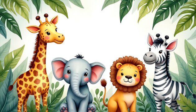 Cute baby safari animals including giraffe, elephant, lion, zebra gather together in rich jungle plants. Watercolor illustration provides warm, friendly, serene jungle atmosphere perfect for children.