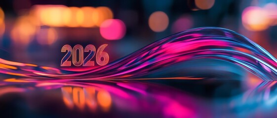 futuristic light trails forming abstract 2026 shape with reflections on dark glossy surface. modern new year digital art