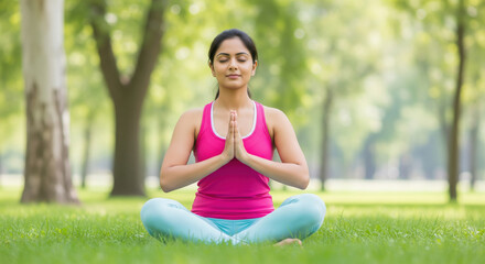 Serene Woman Meditating in Park with Eyes Closed