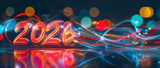 futuristic light trails forming abstract 2026 shape with reflections on dark glossy surface. modern new year digital art