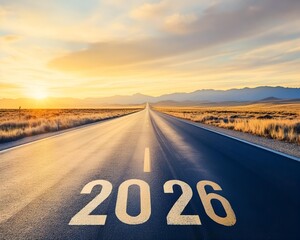 futuristic 2026 concept on open highway with arrow forward under dramatic sky. vision and progress theme