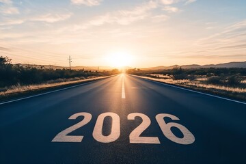 futuristic 2026 concept on open highway with arrow forward under dramatic sky. vision and progress theme