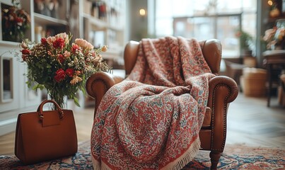 Luxurious Floral Blanket on Leather Armchair