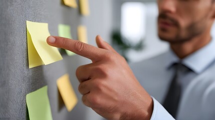 A businessman s hand points to sticky notes on a wall during an office planning session