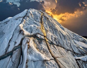 Glacier peak lit by sunset, deep fissures, dramatic sky